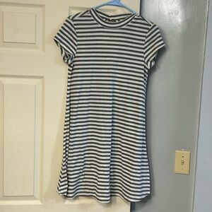 Ladies short dress. Medium grey & white striped.